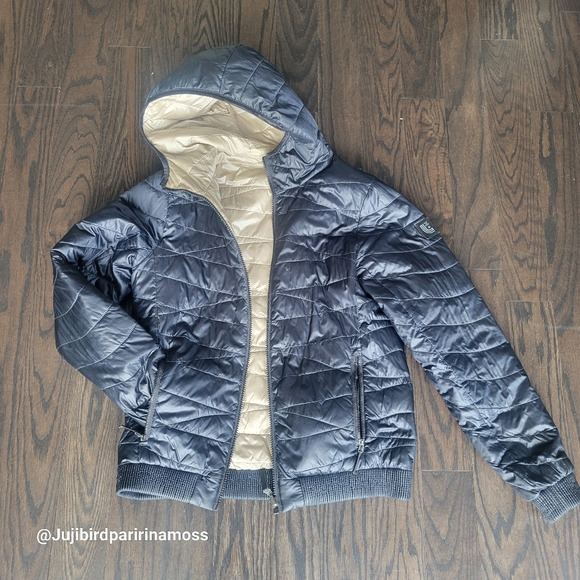 LOLË reversible woman quilted bomber jacket with hood navy champagne size S - Picture 3 of 6
